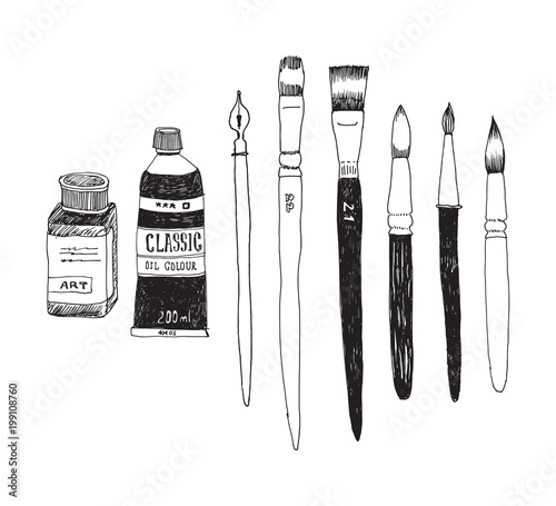 Hand drawn art tools and supplies set