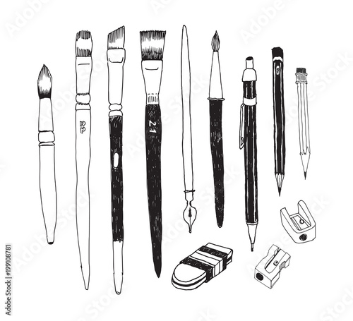 Hand drawn art tools and supplies set