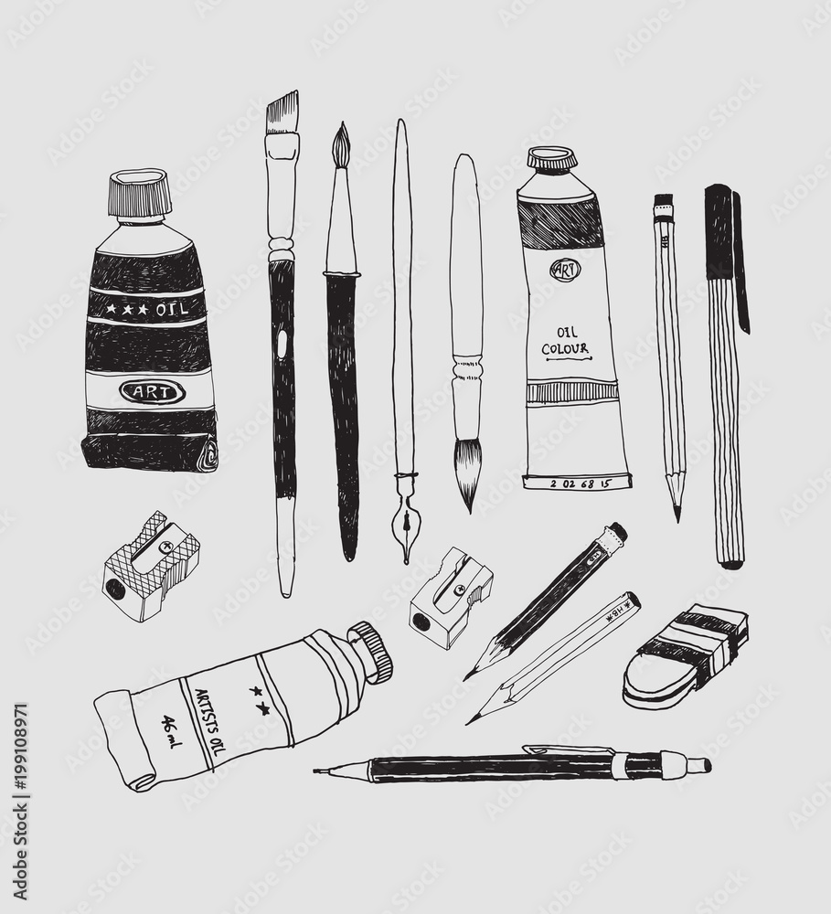 Hand drawn art tools and supplies set Hand drawn art tools and supplies set