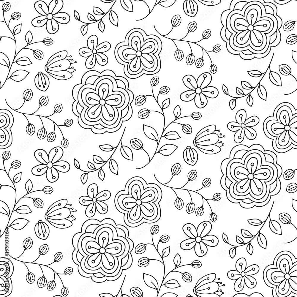 Seamless pattern with hand drawn flowers, black and white floral texture, vector illustration. Seamless pattern with hand drawn flowers, black and white floral texture, vector illustration.