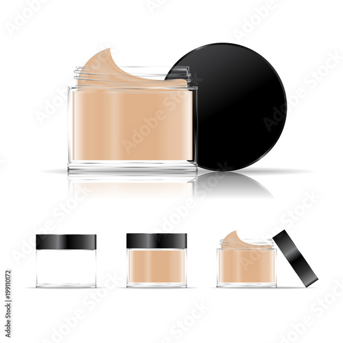 Cream jar isolated on white background. Cosmetic glass bottle (transparent). Beauty product package, vector illustration.