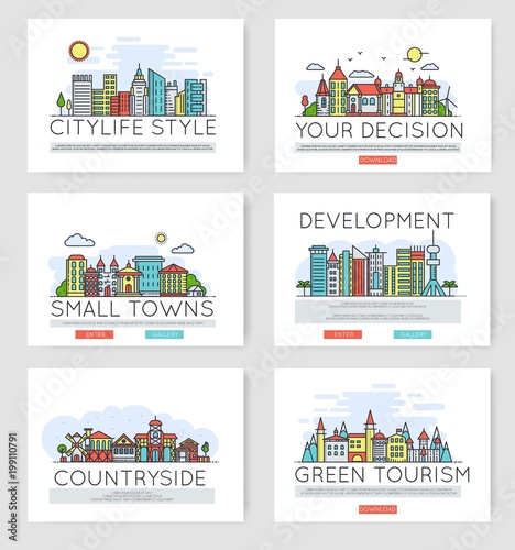Set of city skylines and suburban different buildings in skyline.  Thin line vector illustration design concept