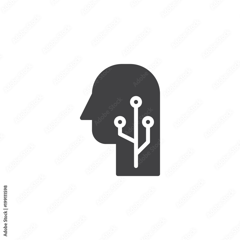 Human head with electronic circuit vector icon. filled flat sign for mobile concept and web design. Artificial Intelligence simple solid icon. Symbol, logo illustration. Pixel perfect vector Human head with electronic circuit vector icon. filled flat sign for mobile concept and web design. Artificial Intelligence simple solid icon. Symbol, logo illustration. Pixel perfect vector
