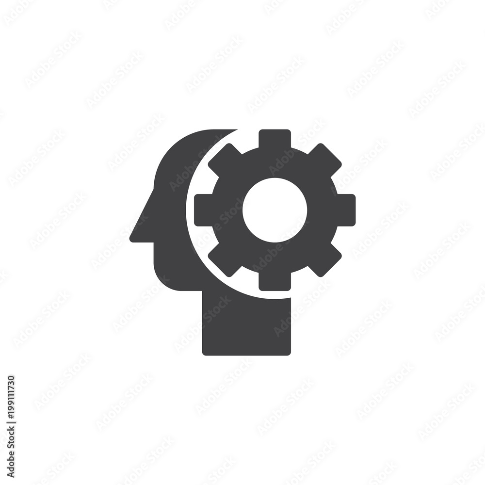 Gear in head vector icon. filled flat sign for mobile concept and web design. Thinking process, idea generation, brain functioning simple solid icon. Symbol, logo illustration Gear in head vector icon. filled flat sign for mobile concept and web design. Thinking process, idea generation, brain functioning simple solid icon. Symbol, logo illustration