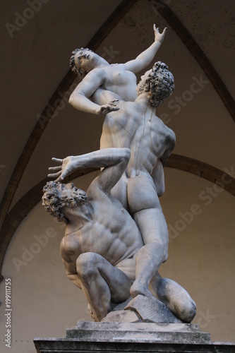 Statue of The Rape of the Sabine Women by Giambologna in Piazza della Signoria, Florence, Italy.