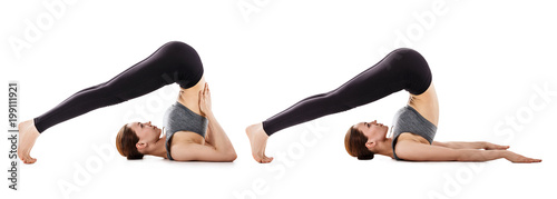 Collage of beautiful flexible woman doing yoga. photo