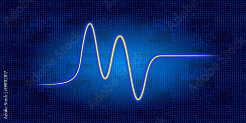 Neon wave graph against binary code background