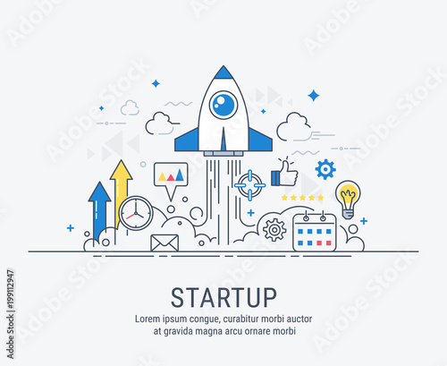 Startup concept with thin line flat modern design for web.