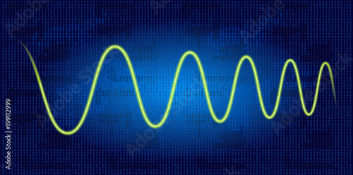 Neon wave graph against binary code background