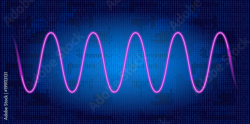 Neon wave graph against binary code background