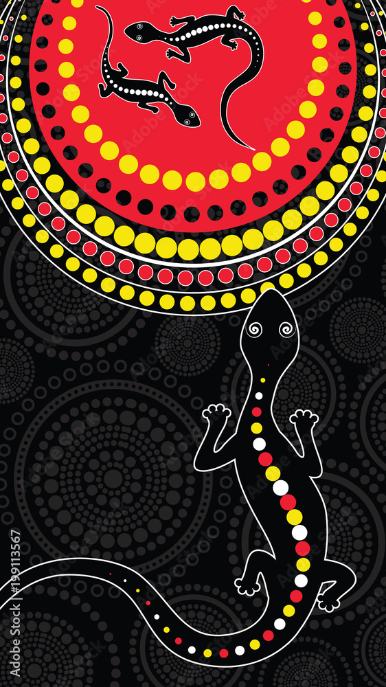 Fototapeta premium Lizard vector, Aboriginal art background with lizard, Landscape Illustration based on aboriginal style of dot painting.