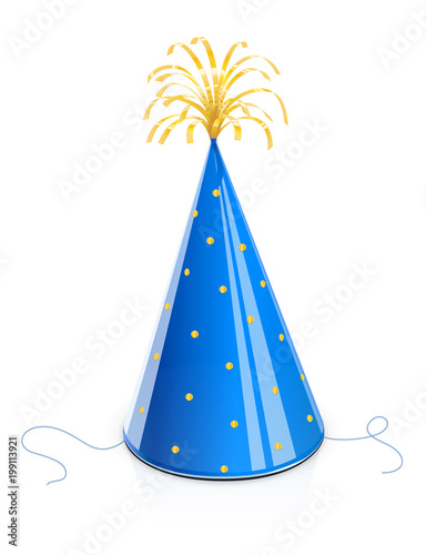 Party cap for birthday. Blue Childs cone hat with golden brush.