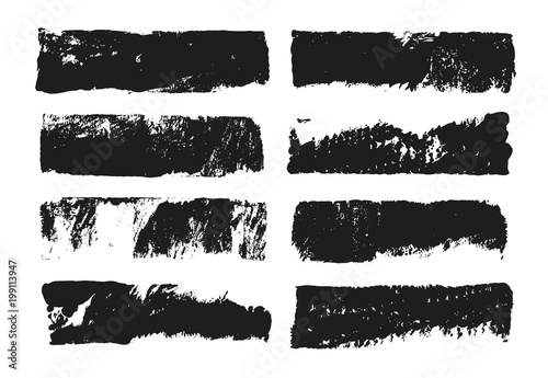 Abstract black smears of paint isolated on white background. Rectangular spots created with paint roller and black acrylic. Rectangular text box. Hand drawn textured design elements.