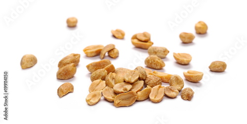 Salted and marinated peanut pile isolated on white background