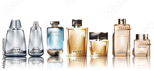 Perfume cosmetics set Vector mock up. Products packaging realistic different perfume bottles