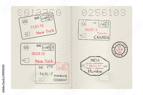 Passport pages with international stamps of USA, Germany, India and Canada cities. Arrival and departures with date