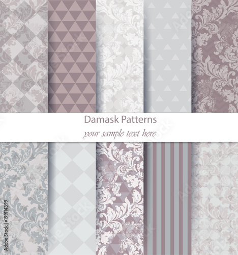 Damask pattern set collection Vector. Baroque ornament on modern abstract background. Vintage decor. Trendy color fabric textures
