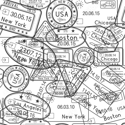 Fototapeta Naklejka Na Ścianę i Meble -  Passport stamps seamless pattern. Black and white travel background with ink stamps of USA cities
