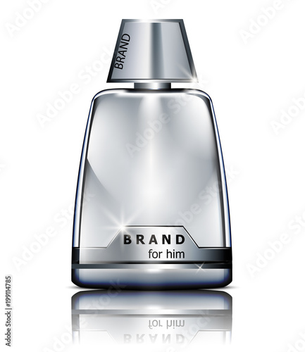 Vector realistic silver perfume bottle mock up isolated on white. Product pac...