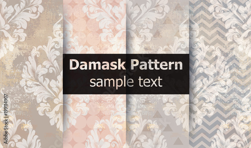 Damask pattern set collection Vector. Baroque ornament on modern abstract background. Vintage decor. Trendy color fabric textures