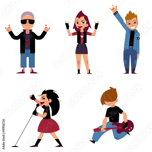 Set of characters of teenagers who play and sing rock music. Collection of teen boys and girls on music concert. Isolated on white background. Cartoon character. Flat colorful vector illustration.