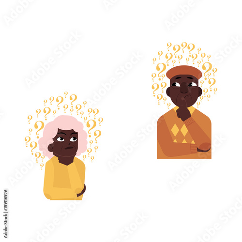 Vector flat old african elderly grey-haired woman, man in casual clothing standing thoughtful pose holding chin thinking with questions above head portrait. Isolated background illustration
