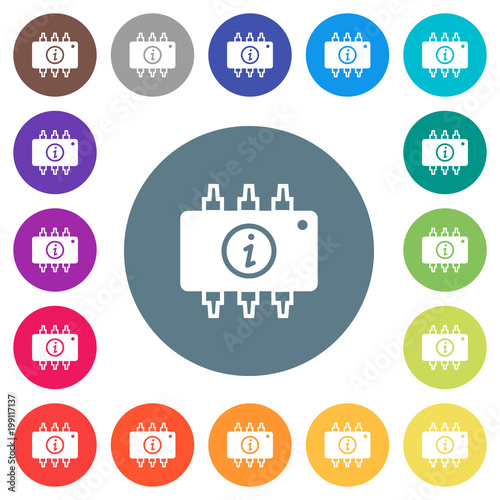 Hardware info flat white icons on round color backgrounds