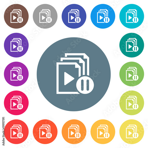 Pause playlist flat white icons on round color backgrounds