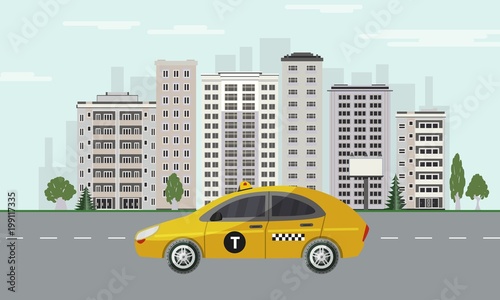Fototapeta Naklejka Na Ścianę i Meble -  City skyline with yellow taxi car riding on road on cityscape background with skyscrapers, green trees and blue sky with clouds in flat style. Colorful town landscape. Vector illustration.