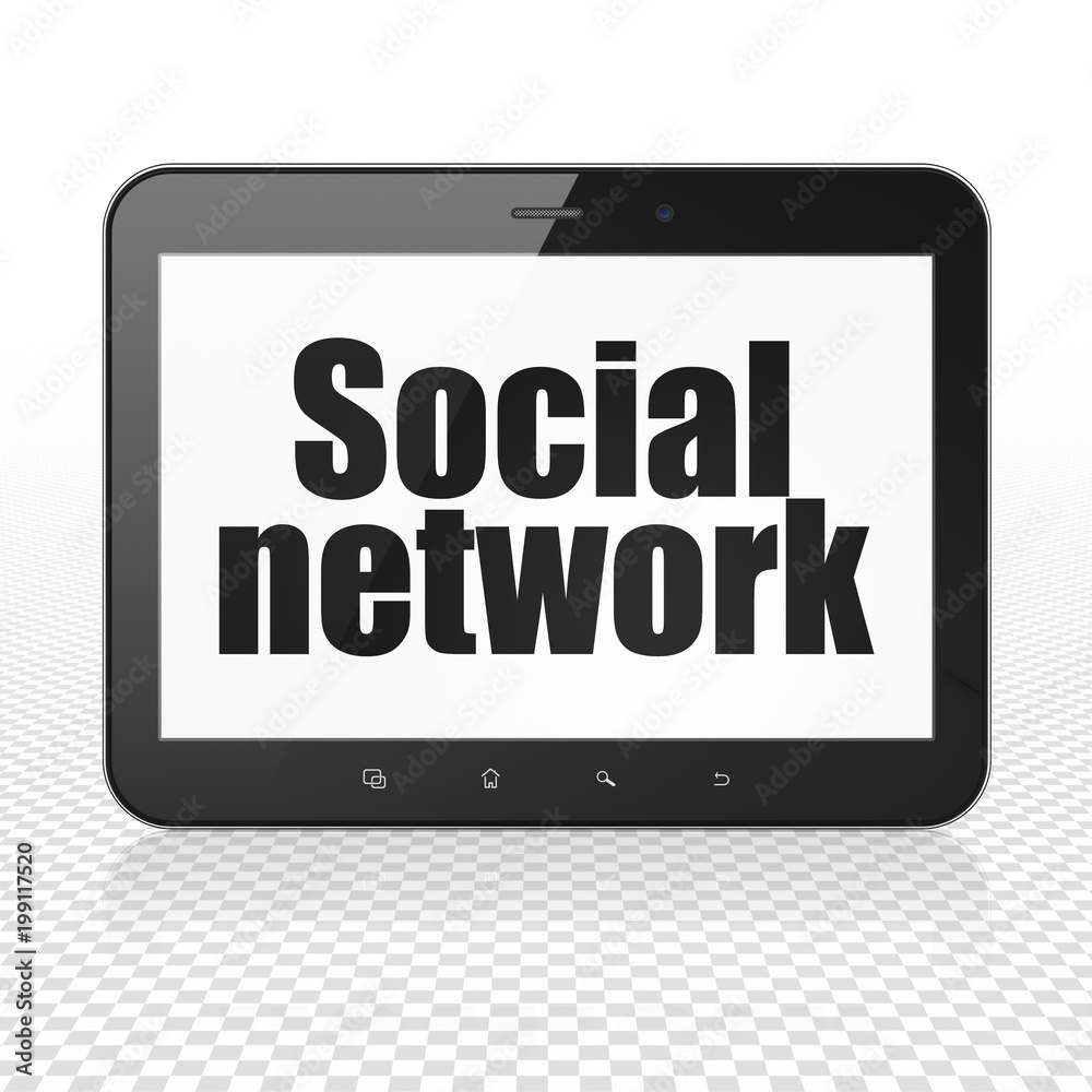 Social media concept: Tablet Computer with black text Social Network on display, Tag Cloud background, 3D rendering Social media concept: Tablet Computer with black text Social Network on display, Tag Cloud background, 3D rendering