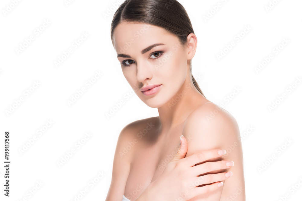 beautiful young woman with perfect skin looking at camera isolated on white beautiful young woman with perfect skin looking at camera isolated on white