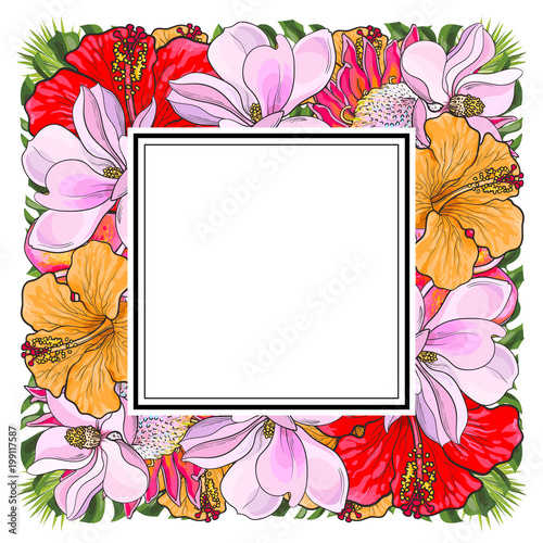 Tropical flowers and palm leaves in floral composition in square form with st...