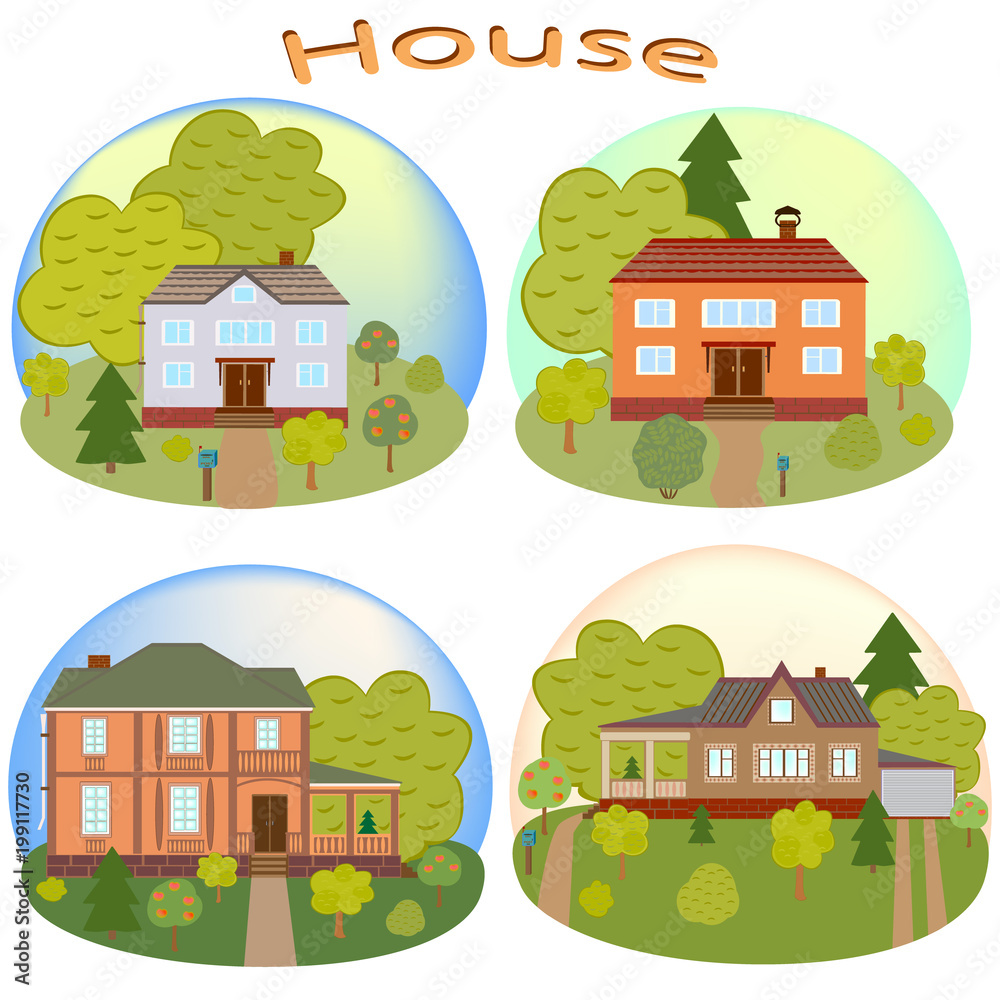 Set of houses. Beautiful home isolated on white background. Detailed colored cottages. House and trees. Vector illustration
