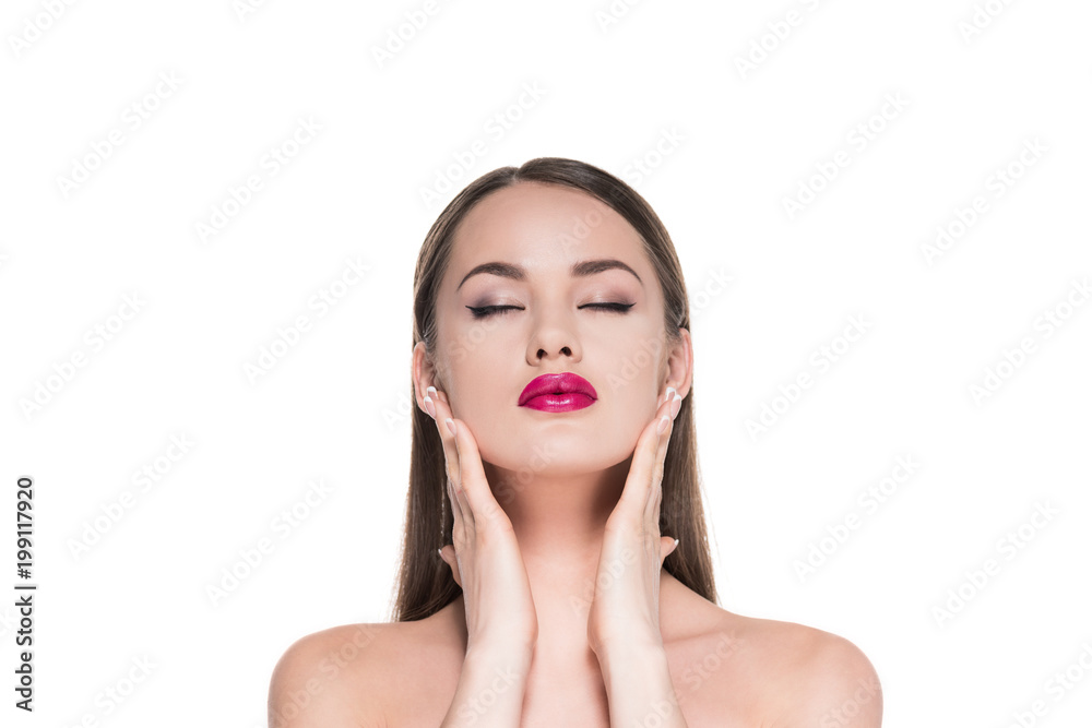 beautiful young woman with long hair touching her face isolated on white beautiful young woman with long hair touching her face isolated on white