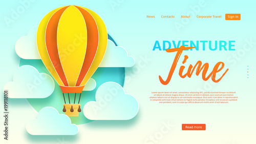 Adventure time web banner template. Beautiful background with clouds and air balloon in paper art style. Vector illustration for design of tourist company.