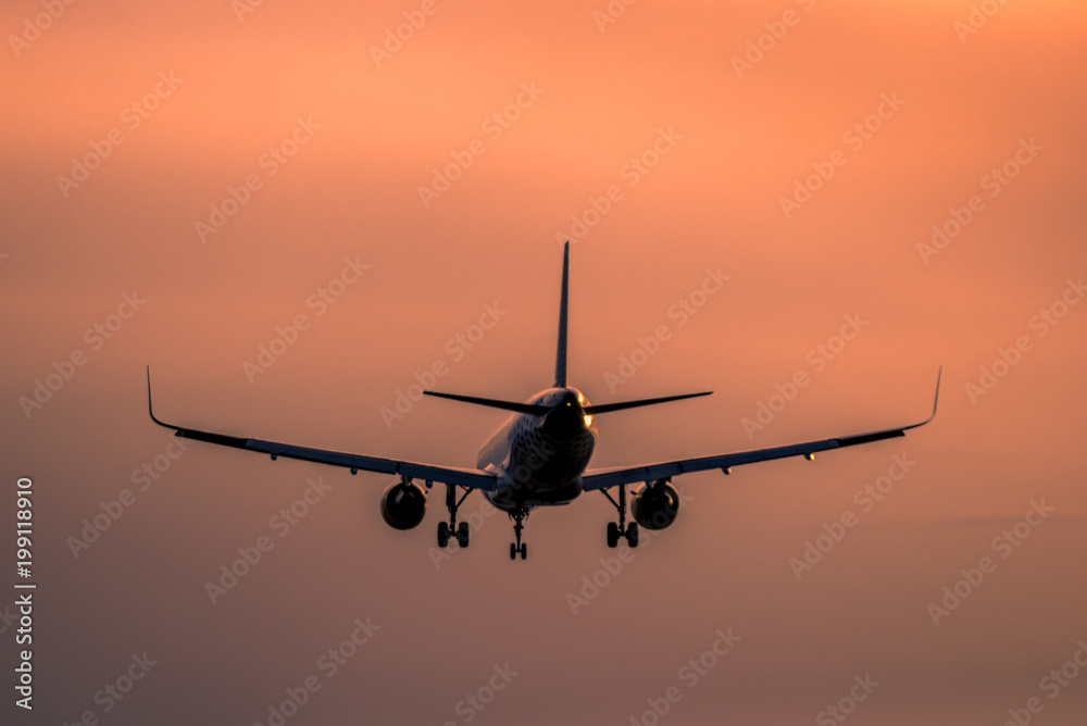 Airplane landing at sunset