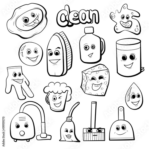 Cute items for cleaning. Household set vector illustration.
