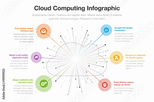 Cloud computing infographic concept with cloud symbol filled with binary numbers, colorful circles on a line and icons isolated on light background. photo