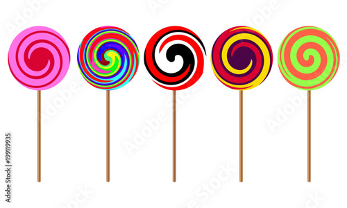five multi-colored lollipops on wooden sticks