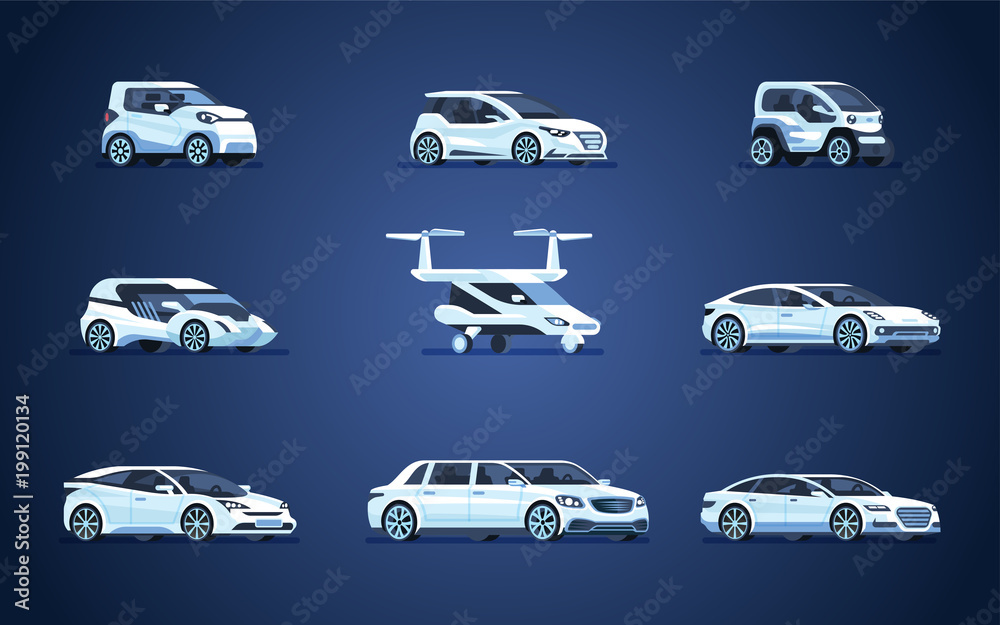 Set of self-driving cars. Driverless vehicle Set of self-driving cars. Driverless vehicle