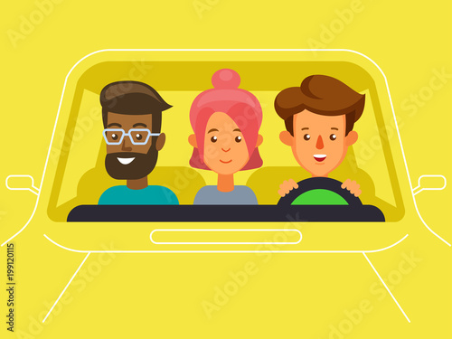 Carpool with driver and passengers characters. Diverse group of people shares car, front view