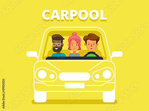 Carpool with driver and passengers characters. Diverse group of people shares car, front view