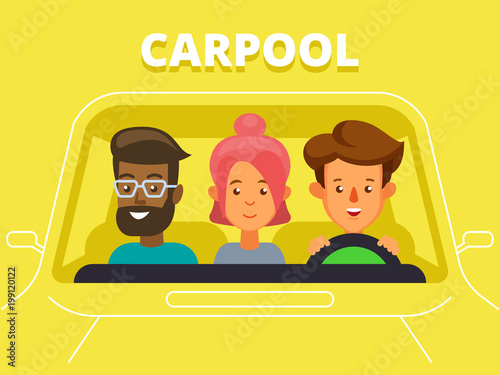 Carpool with driver and passengers characters. Diverse group of people shares car, front view