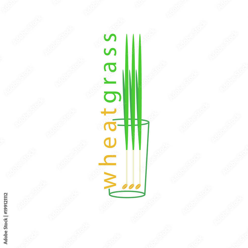 Wheatgrass. A glass with a drink, a green sprout wheat and a seed. Care for health and a healthy lifestyle. Vector illustration. Wheatgrass. A glass with a drink, a green sprout wheat and a seed. Care for health and a healthy lifestyle. Vector illustration.