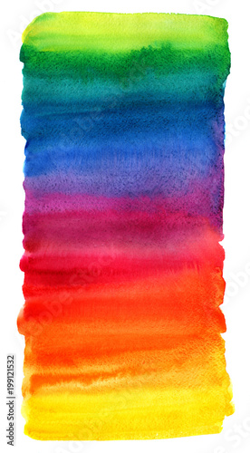 Bright colorful watercolor stains background. Multicolored brush stroke isolated on white. Vivid watercolour stripes of different rainbow colors texture. Painted abstract template with uneven edge.