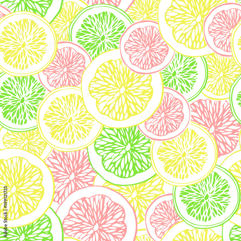 Slices of lemon, orange, grapefruit, lime. Pieces of citrus fruit. Seamless vector background.