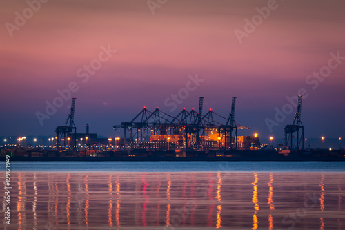 Dusk over the harbor on the Baltic sea in Gdansk, Poland
