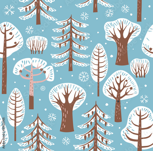 Forest, trees. Seamless background. Winter. Vector graphics. Seamless Pattern