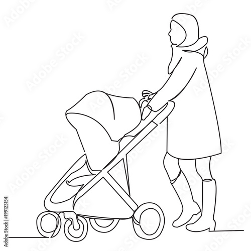 a woman is walking with a stroller