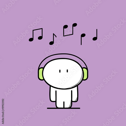 Cute funny man with headphones or earphone and notes above the head. Music, tune or song, pleasure and relaxation cartoon vector illustration.